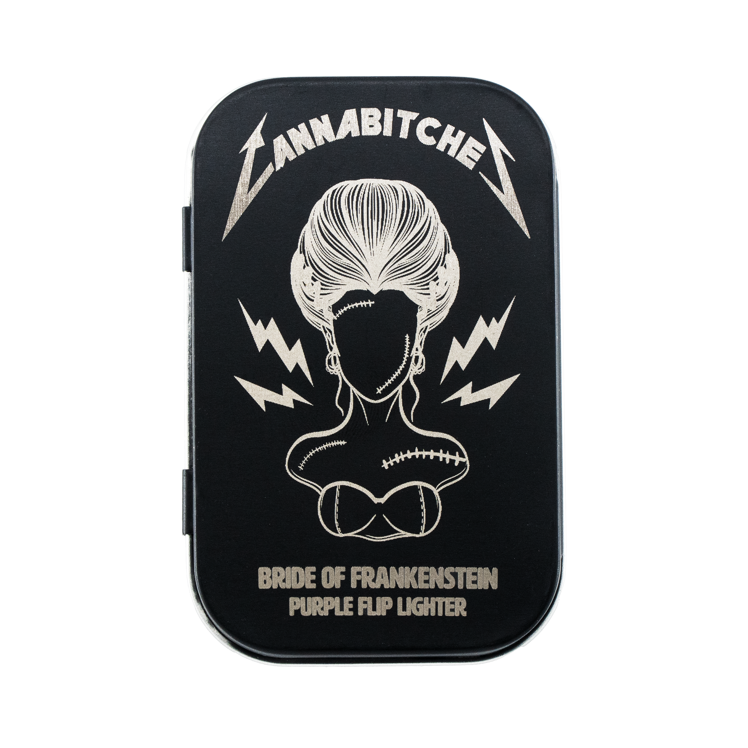 Purple flip torch lighter with Bride of Frankenstein tattoo art and teal hair | Goth cannabis accessory